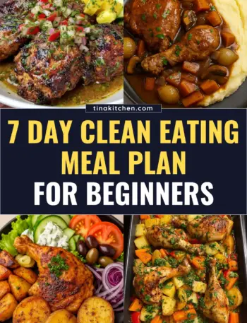 Free clean eating meal plan for beginners featuring whole, unprocessed foods for the entire week.